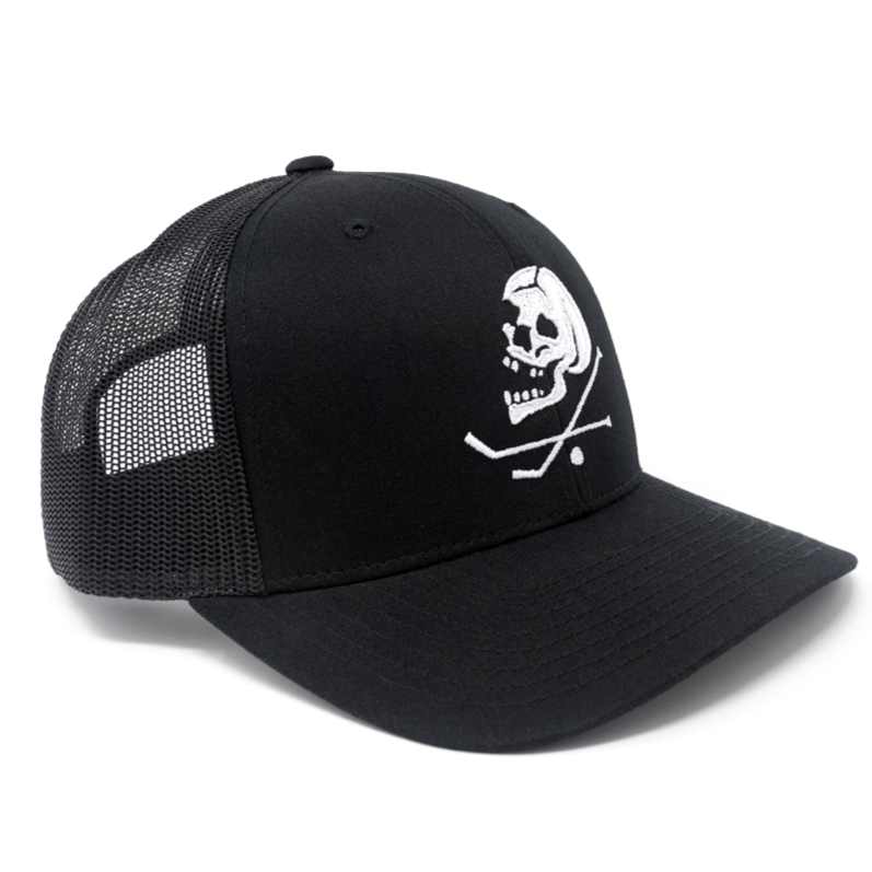 hat cap trucker mesh snapback curved bill black skull crossbones crossed hockey sticks puck skeleton embroidered 3d puff